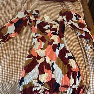 A New Day Red Floral Long Sleeve A-line Crepe Maxi Dress